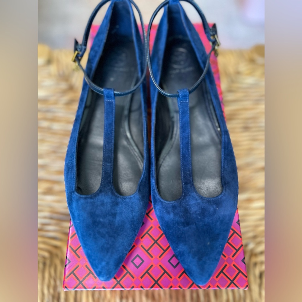 TORY BURCH ASHTON T-STRAP FLAT SUEDE ROYAL NAVY BLUE SIZE 8